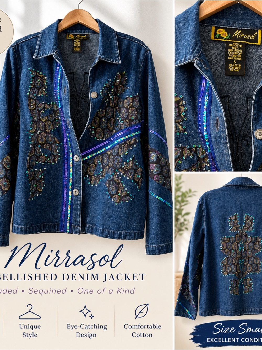 Mirasol Dark Blue Embellished Denim Jacket with Sequin Trim